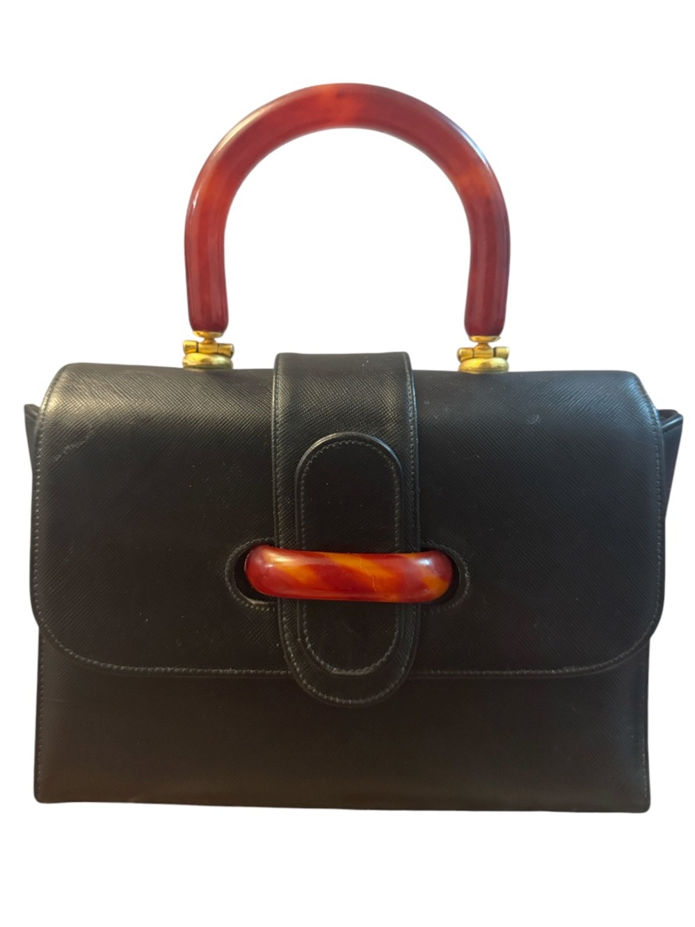 Etra Vintage 1950s Mid-Century Black Leather Bag with Lucite Handles